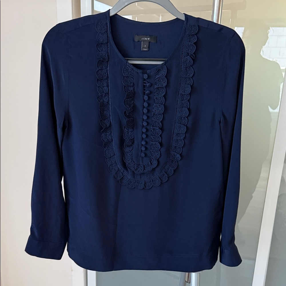 J.Crew Navy Silk Blouse with Eyelet Trim – Size 2